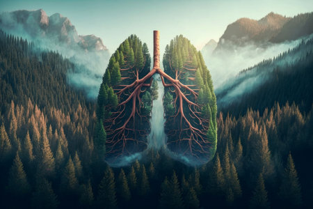 Human lungs in the beautiful mountain landscape. abstract illustration. Health, Respiratory system health concept. breathing.の素材