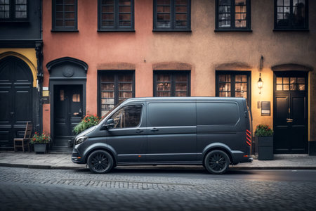 Dark gray cargo van. city street background. side view.の素材