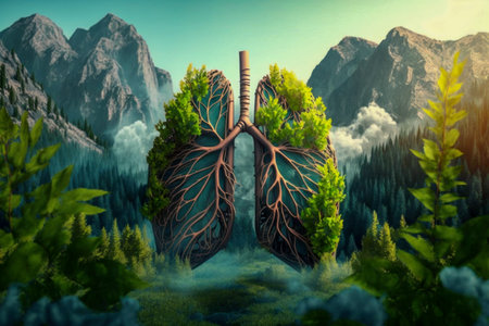 Human lungs in the beautiful mountain landscape. abstract illustration. Health, Respiratory system health concept. breathing.の素材