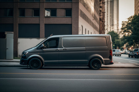 Dark gray cargo van. city street background. side view.の素材