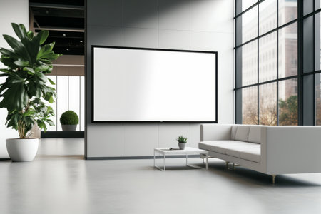 Large blank screen in the office meeting room, modern interior. Table, chair seats, presentation display, window. Mock up template.の素材