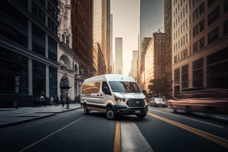 White cargo van. city street background.の素材