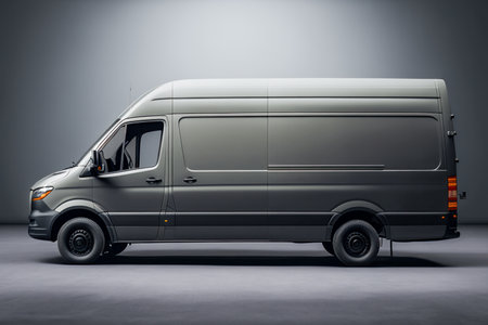 Dark gray cargo van. Isolated on gray studio background. side view.の素材