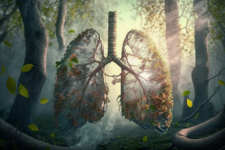 Human lungs in the forest. abstract illustration. Health, Respiratory system health concept. breathing.の素材