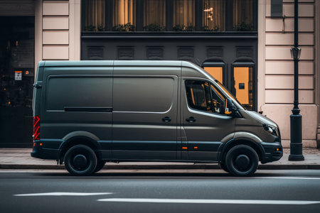 Dark gray cargo van. city street background. side view.の素材