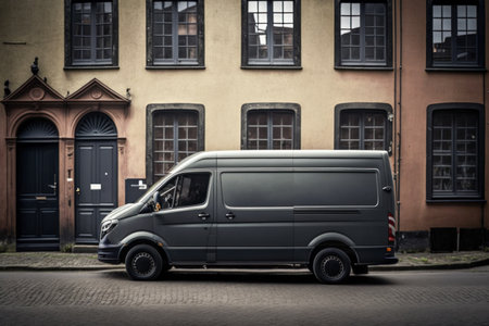 Dark gray cargo van. city street background. side view.の素材