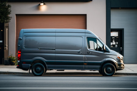 Dark gray cargo van. city street background. side view.の素材