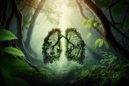 Human lungs in the forest. abstract illustration. Health, Respiratory system health concept. breathing.の素材