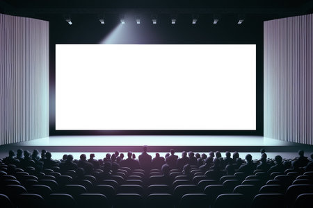 Empty stage for event or business conference with big blank screen mockup. Screen aspect ratio is 16:9. Modern convention hall for presentation or concert template. chair seats.の素材