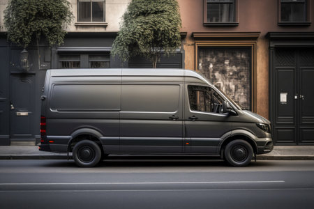 Dark gray cargo van. city street background. side view.の素材