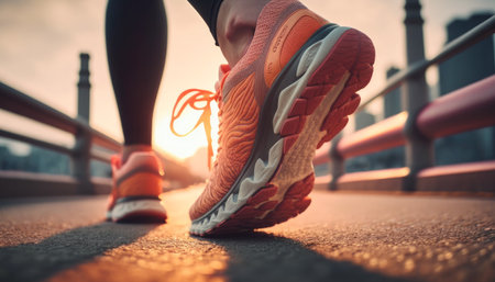 Runner makes a morning run in a city street. Sneaker shoes, feet close-up. Jogging, running, wellness, fitness, health concept. City skyline landscape blurred background, Sunset sunrise lightの素材