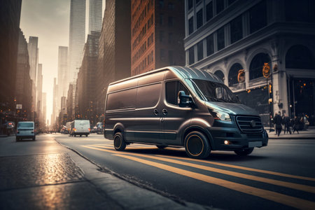Dark gray cargo van. city street background.の素材