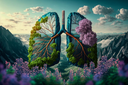 Human lungs in the beautiful mountain landscape, pink flowers. abstract illustration. Health, Respiratory system health concept. breathing.の素材