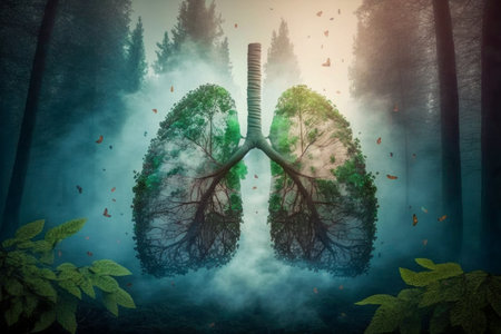Human lungs in the forest. abstract illustration. Health, Respiratory system health concept. breathing.の素材