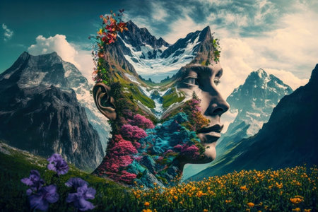 human head covered with flowers, plants and mountains. Abstract illustration landscape.の写真素材