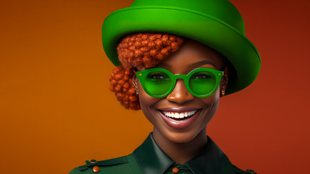 Modern trendy Saint Patrick's day woman. smile. Sunglasses.の素材