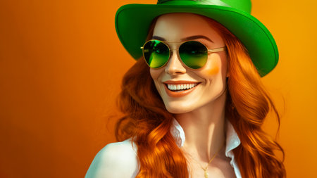 Modern trendy Saint Patrick's day woman. smile. Sunglasses.の素材