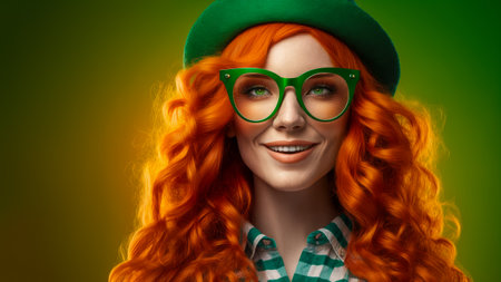 Modern trendy Saint Patrick's day woman. smile. Sunglasses.の素材