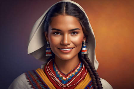 Beautiful Smiling Aztec Mexican woman in traditional clothes. posing on dark studio backgroundの素材