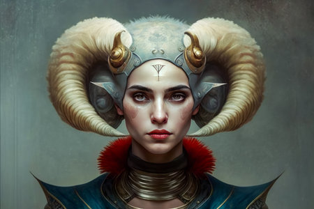 Aries zodiac sign as a beautiful girl person with horns. Astrological horoscope fantasy character. Horned.の素材