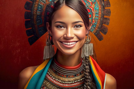 Beautiful Smiling Aztec Mexican woman in traditional clothes. posing on dark studio backgroundの素材