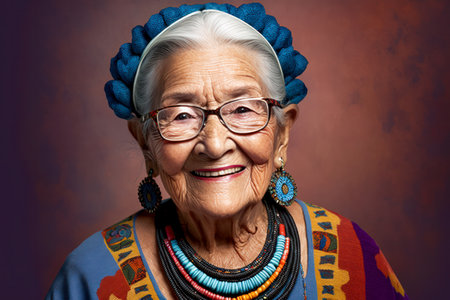 Senior Aztec Mexican woman in traditional clothes smiling. Isolated on dark studio backgroundの素材
