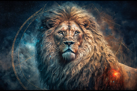 Leo astrological zodiac sign symbol animal, Lion. On dark space cloud nebula backgroundの素材