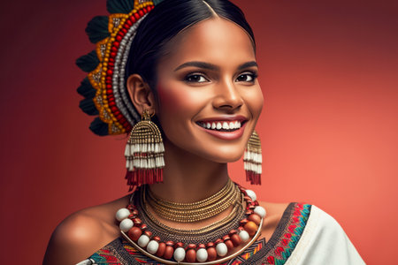 Beautiful Smiling Aztec Mexican woman in traditional clothes. posing on dark studio backgroundの素材