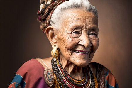 Senior Aztec Mexican woman in traditional clothes smiling. Isolated on dark studio backgroundの素材