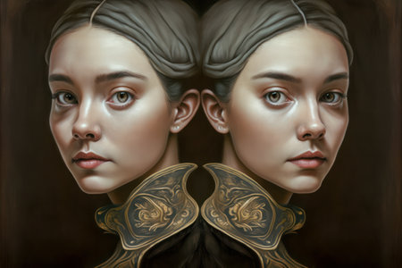 Gemini zodiac signs as a beautiful twins girl persons. Astrological horoscope fantasy character illustration.の素材