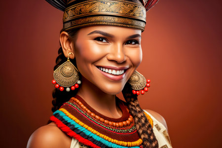 Beautiful Smiling Aztec Mexican woman in traditional clothes. posing on dark studio backgroundの素材