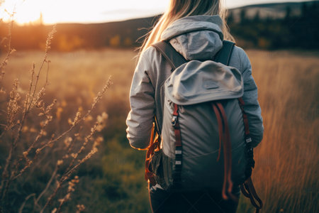 Traveler hiker camper woman wearing Big Trekking Backpack. rear view. Blooming meadow blurred background. Hiking, trekking, backpacking, camping in the nature concept. beautiful sunset sunrise lightの素材