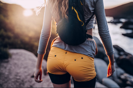 Hiker camper girl rear view. Beautiful athletic fitness booty ass. Hiking, trailrunning, trekking, backpacking, camping in the nature concept. outdoor activities. Sunset sunrise lightの素材