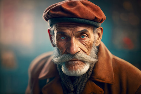 Homeless poor beggar senior man with gray hair. solid studio backgroundの素材