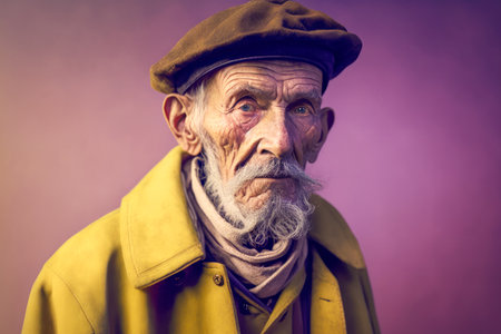 Homeless poor beggar senior man with gray hair. solid studio backgroundの素材
