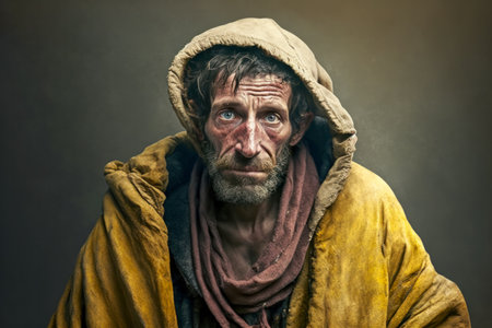 Homeless poor beggar senior man with gray hair. solid studio backgroundの素材