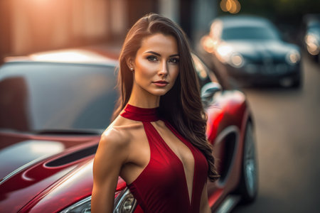 Incredibly rich and attractive girl wearing plunging neckline dress, posing in front of a luxury sports carの素材
