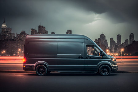 Dark gray cargo van. city street background. side view.の素材