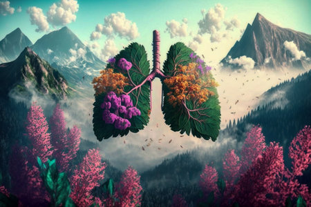 Human lungs in the beautiful mountain landscape, pink flowers. abstract illustration. Health, Respiratory system health concept. breathing.の素材