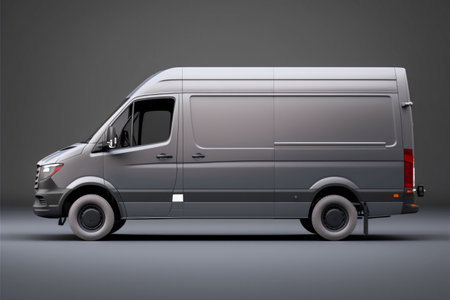 Dark gray cargo van. Isolated on gray studio background. side view.の素材