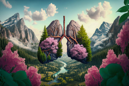 Human lungs in the beautiful mountain landscape, pink flowers. abstract illustration. Health, Respiratory system health concept. breathing.の素材