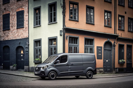 Dark gray cargo van. city street background. side view.の素材