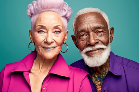 Trendy attractive smiling diverse senior mature elder couple isolated on solid color studio backgroundの素材