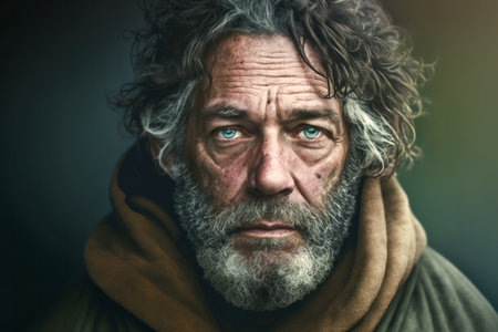 Homeless poor beggar senior man with gray hair. solid studio backgroundの素材