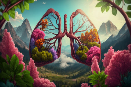 Human lungs in the beautiful mountain landscape, pink flowers. abstract illustration. Health, Respiratory system health concept. breathing.の素材