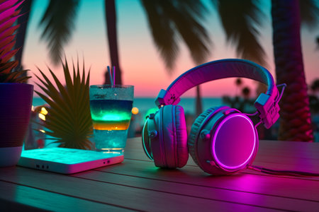DJ headphones are on the outdoors table. In a cafe or restaurant. neon light. Palm trees on the background. Summer vacation on the beach by the sea, ocean. party. copyspace.の素材