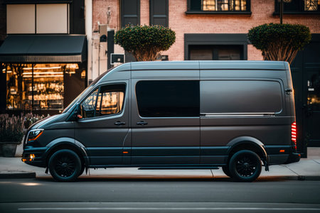 Dark gray cargo van. city street background. side view.の素材
