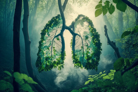 Human lungs in the forest. abstract illustration. Health, Respiratory system health concept. breathing.の素材