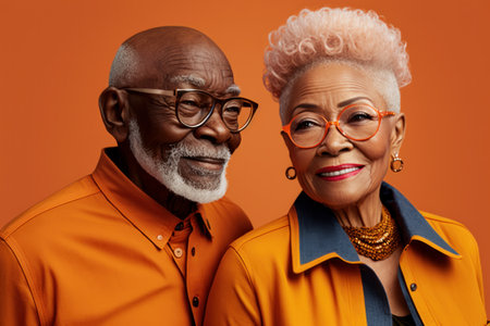 Trendy attractive smiling diverse senior mature elder couple isolated on solid color studio backgroundの素材