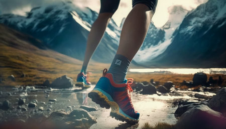 Trail runner feet, close up on sneaker shoes. Running, jogging in the mountains, nature. Healthy lifestyle fitness concept.の素材